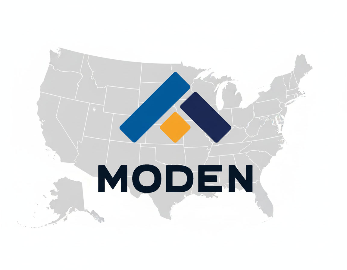 MODEN logo overlaid on a map of the United States